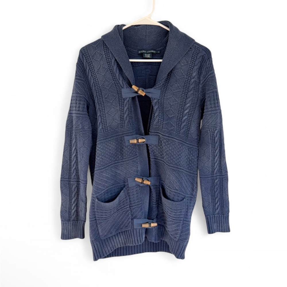 Ralph Lauren Women Cable Knit Cardigan Long S Linen Cotton Blue Nautical Anchor